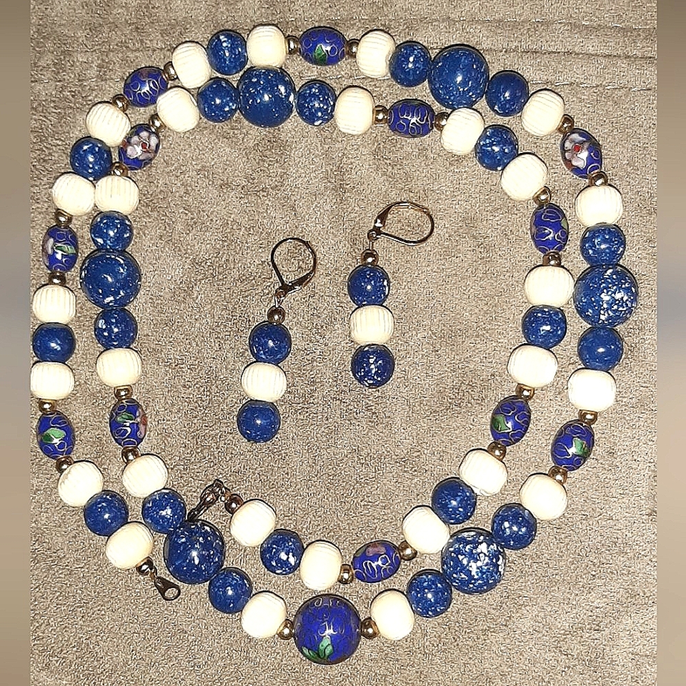 Cloisonne Indego and Cream Necklace and Earring Set